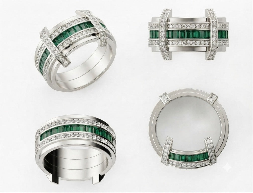 PONT Ring, White Gold, Natural Diamonds & Emerald